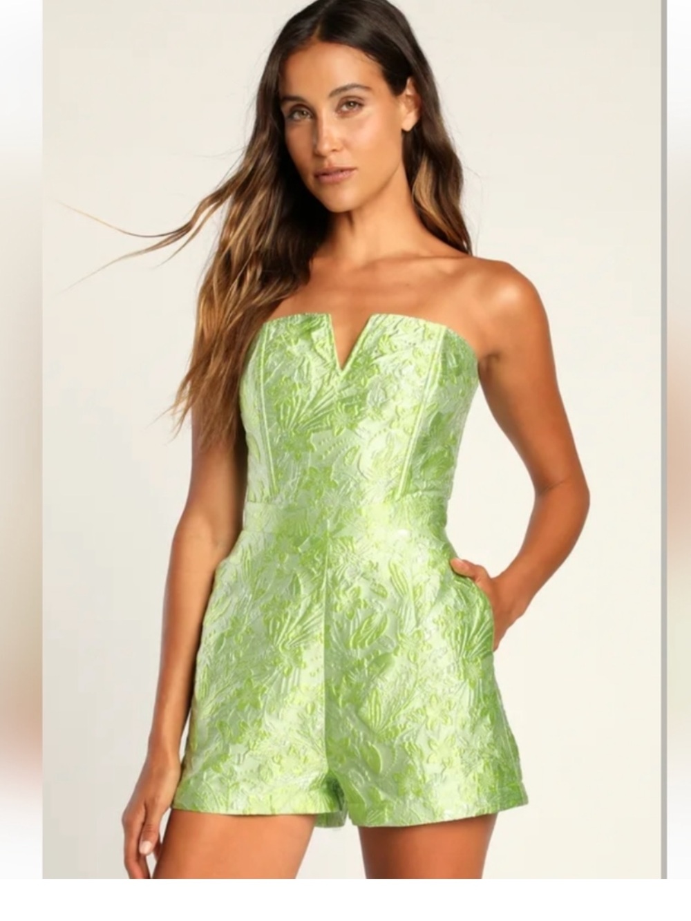 Stunning Like New Lulu's Light Green Strapless Jacquard Romper